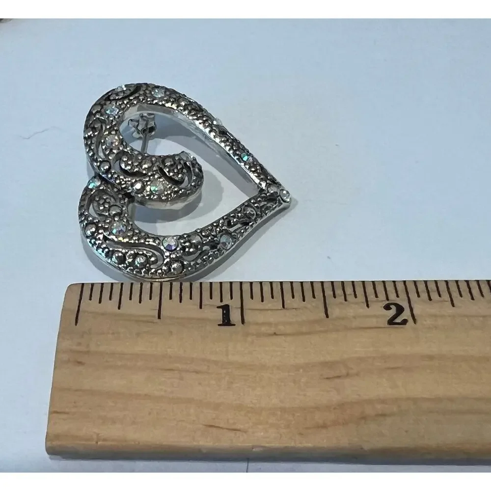 NWOT Faux Marcasite‎ Heart with Aurora Borealis Crystal Rhinestones Brooch Pin